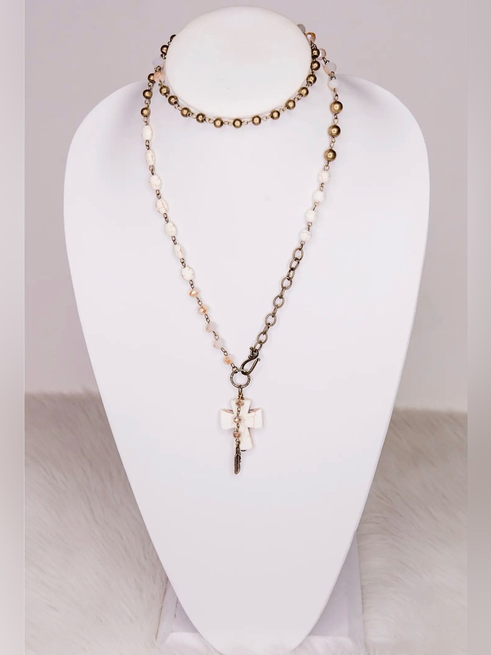 Valerie White Cross And Feather Pendant Beaded Boho Necklace